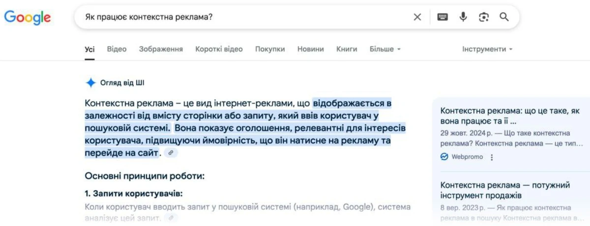 Пример ИИ-обзора от Google