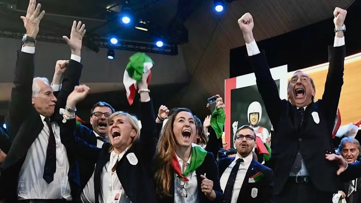 Італійська делегація радіє перемозі своєї заявки на проведення Ігор-2026, червень 2019 року