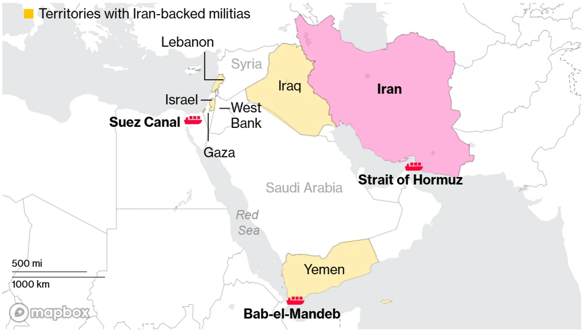 Іран та його союзники зосереджуються поблизу ключових морських вузлів.
Зі сходу на захід: Ормузька протока, Баб-ель-Мандебська протока, Суецький канал (Єгипет).