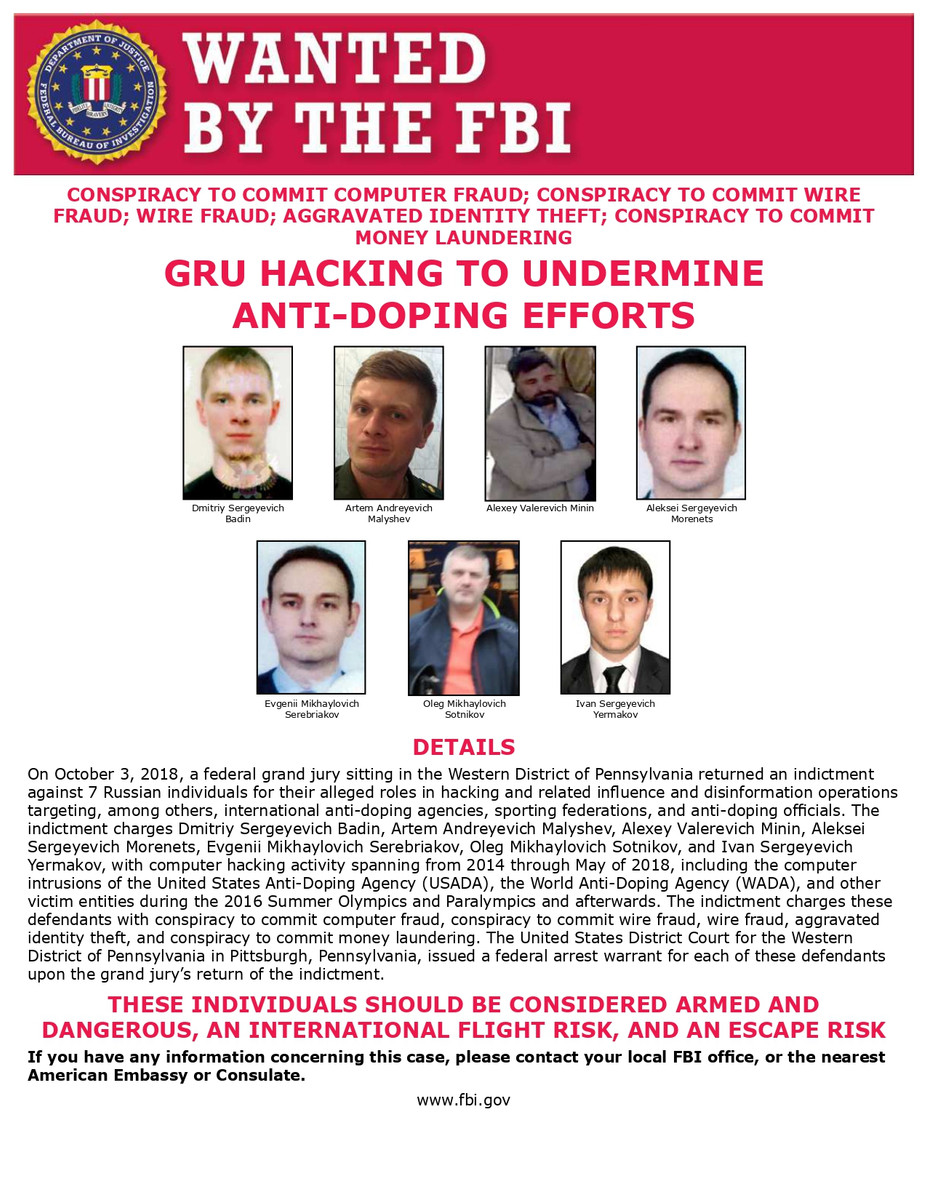 США обвиняют семь офицеров ГРУ, среди которых и Дмитрий Бадин, в глобальной кампании взлома и дезинформации, направленной против международного спорта во время Олимпиады-2016
