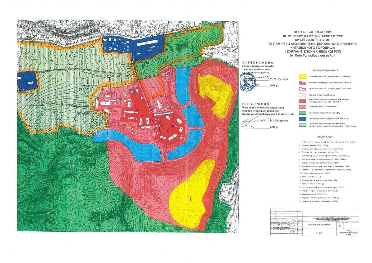 Жовтим позначені пам'ятки археології національного значення, рожевим – охоронна зона, зеленим – зона охоронного ландшафту, салатовим – територія, яку пропонується включити до зони охоронного ландшафту, синім – наявна забудова. Орендовані компанією Ніконова ділянки розташовані в межах зеленої і салатової зон у верхній частині малюнка.