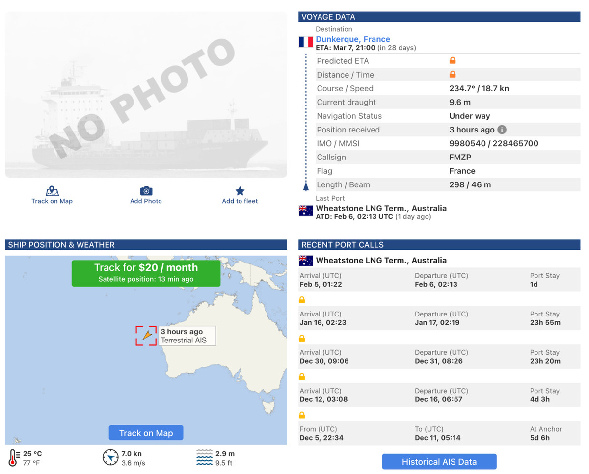 Пунктом призначення Elisa Ardea вказано французький порт Дюнкерк