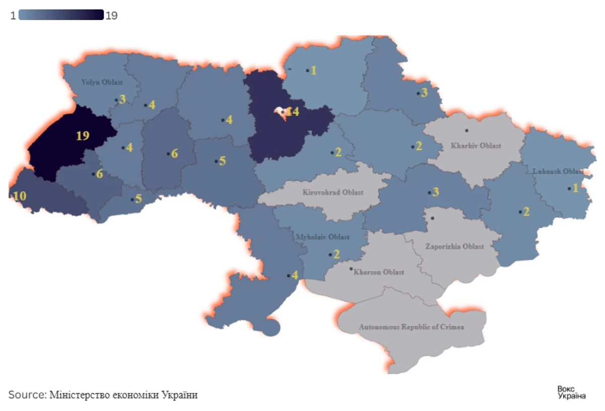 Территориальное распределение зарегистрированных индустриальных парков в Украине по состоянию на январь 2025 года
