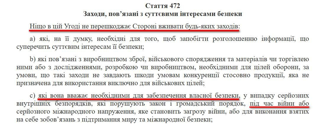 Стаття 472 Угоди про Асоціацію дозволяє Україні у разі форс-мажорних обставин, які загрожують національній безпеці, вчиняти будь-які дії для її захисту