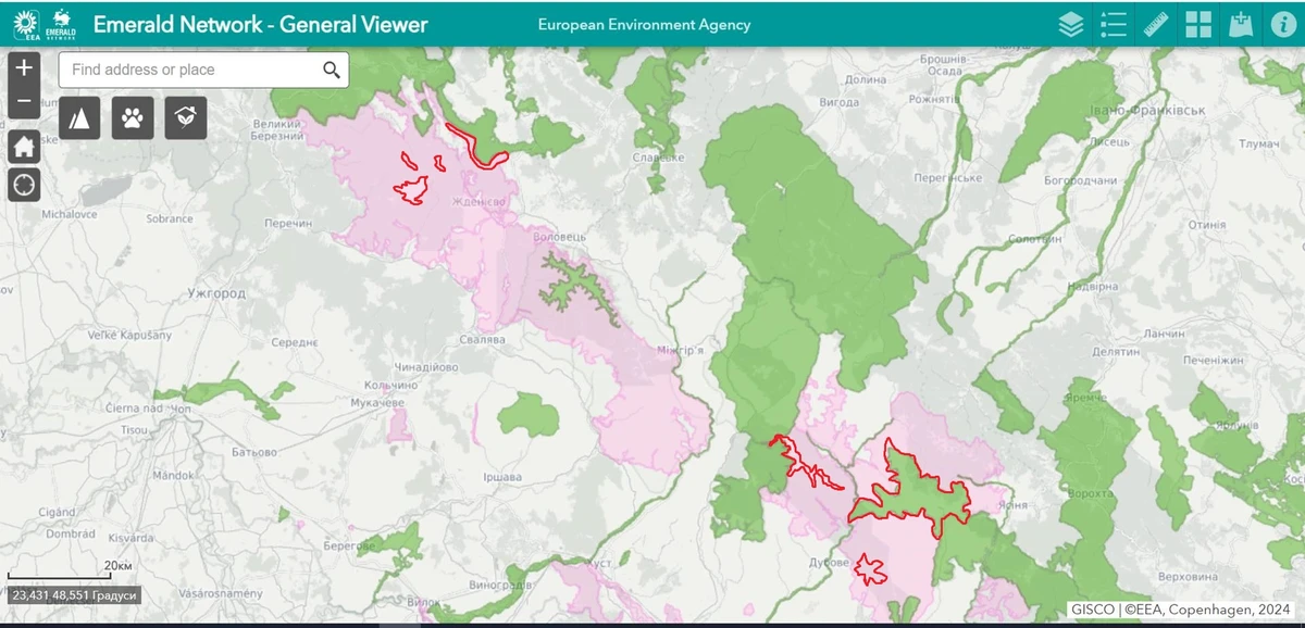 Высокогорные хребты Украинских Карпат, где планируется строительство ВЭС, на Emerald Network Viewer. Emerald Network Viewer - это общедоступный онлайн-инструмент