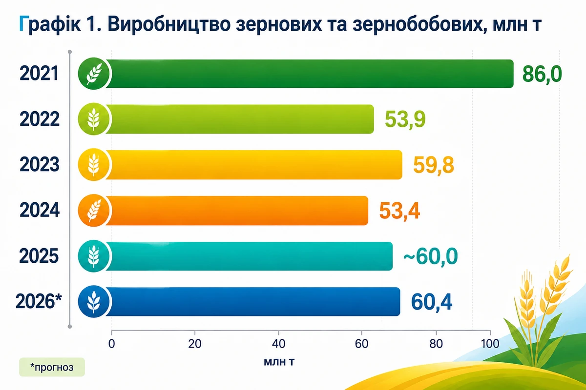 Виробництво зернових та зернобобових, млн т