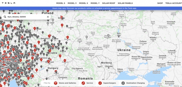 На карте Tesla Supercharger обозначены две серые точки на карте Украины 