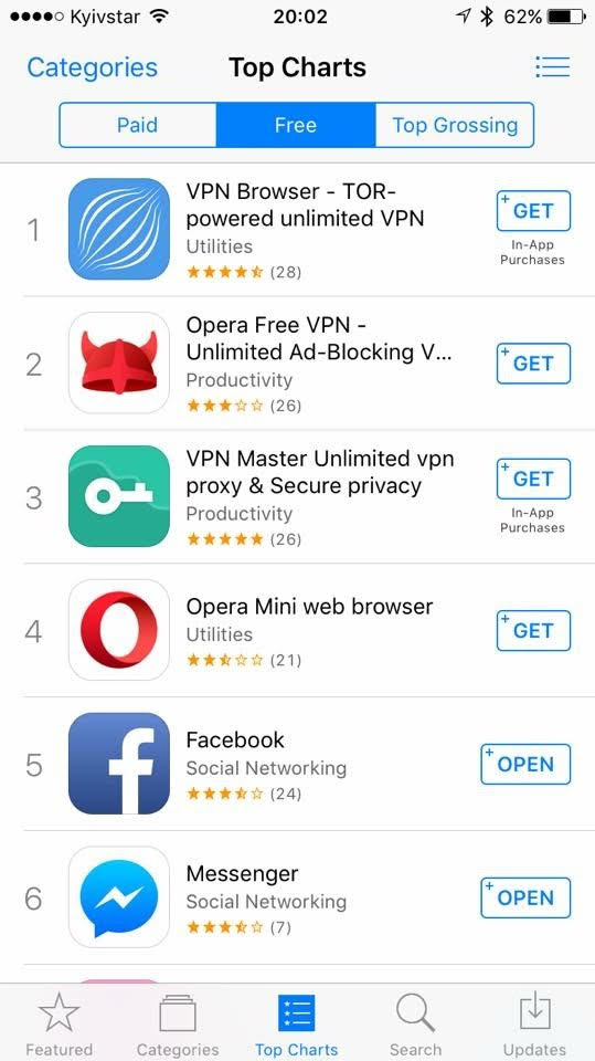 Тем временем, в топах скачиваемых приложений, которые помогают обойти запрет.